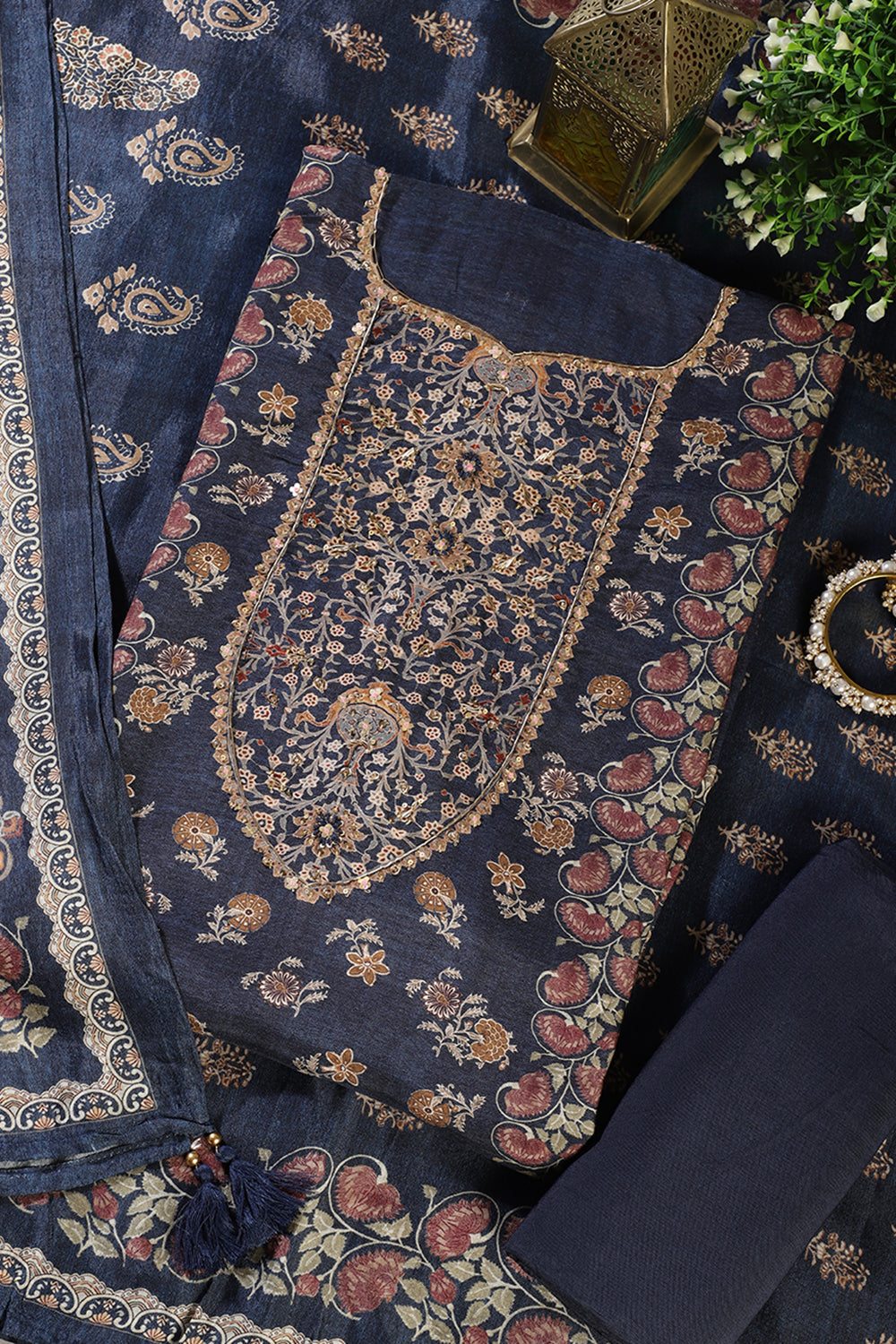 Navy Muslin Printed Unstitched Suit Fabric