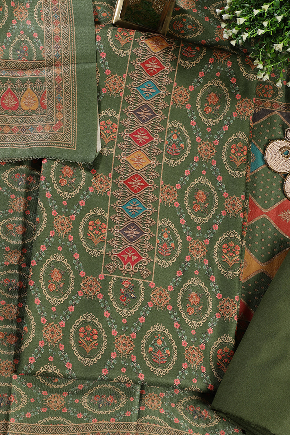 Green Pashmina Digital Printed Unstitched Suit Material