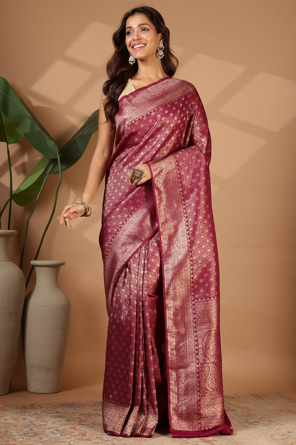 Wine Floral Zaal Woven Soft Silk Saree