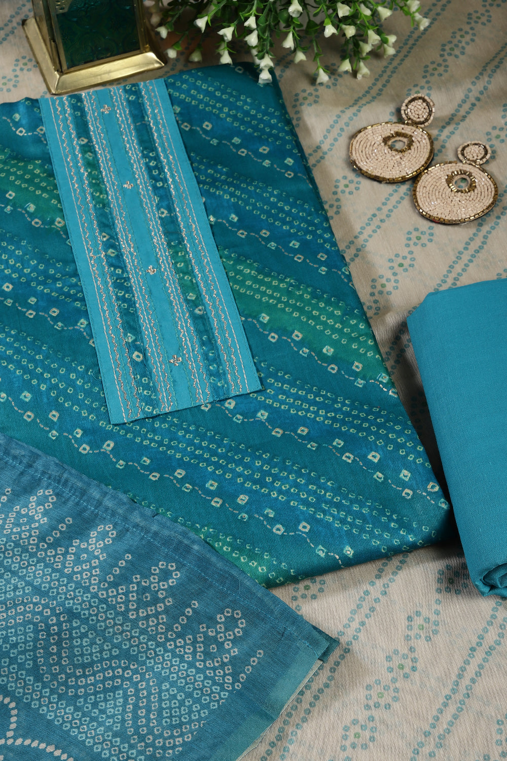 Teal Color Cotton Bandhani printed Unstitched Suit Fabric
