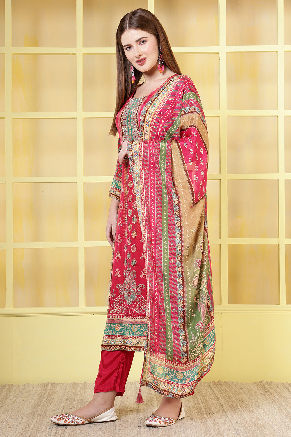 Magenta Crepe Silk Printed Straight Suit