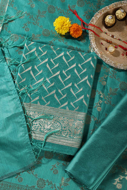 Teal Green Colour Zari Woven Silk Unstitched Suit Material