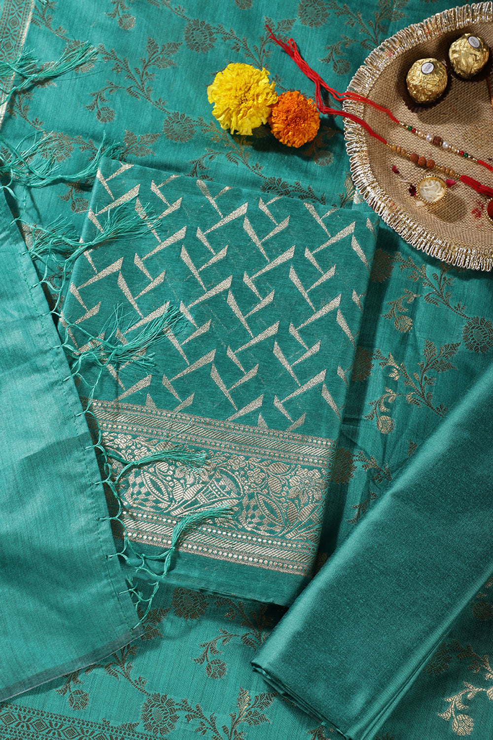 Teal Green Colour Zari Woven Silk Unstitched Suit Material