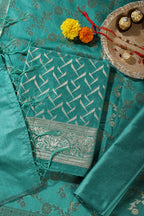 Teal Green Colour Zari Woven Silk Unstitched Suit Material