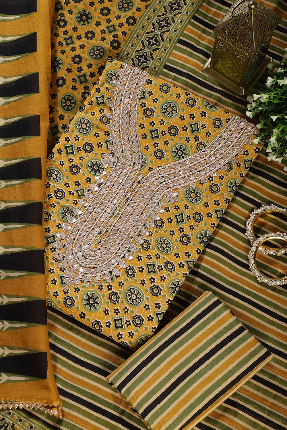Mustard Cotton Printed & Neck Embroidered Unstitched Suit Material
