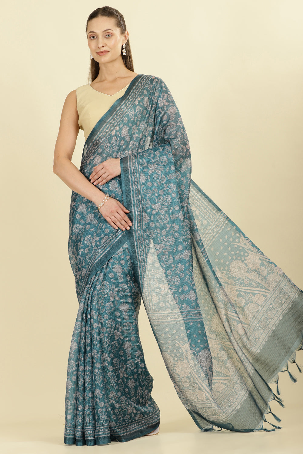 Teal Kota Cotton Floral Jaal Printed Saree