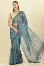 Teal Kota Cotton Floral Jaal Printed Saree