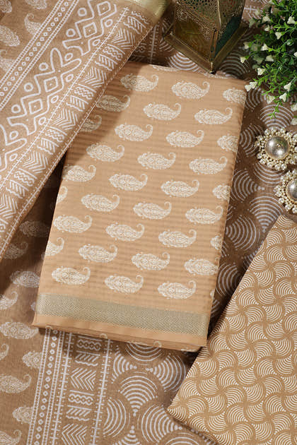 Fawn  Cotton Boota Block Print Unstitched Suit Fabric
