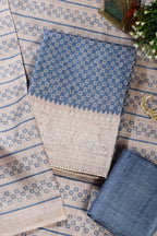 Blue Tussar Cotton Printed And Reham Embroidered Unstiched Suit Material