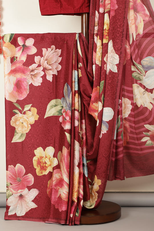 Maroon Jacquard Silk Printed Saree