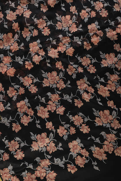 Black Zari Border & Floral Printed Chiffon Saree