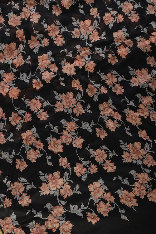 Black Zari Border & Floral Printed Chiffon Saree