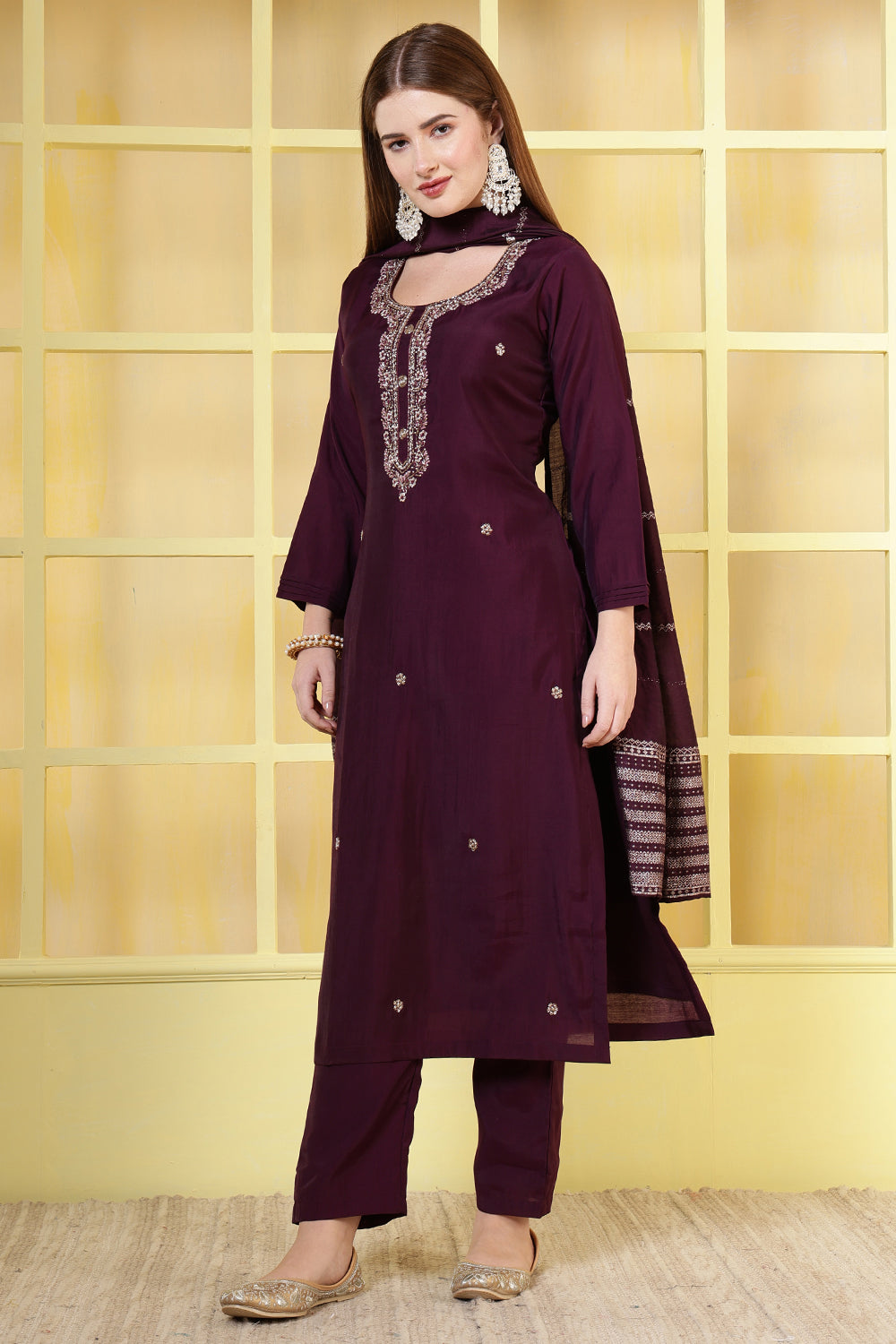 Dark Scarlet Silk Cut-Dana And Pearl Embroidered Suits