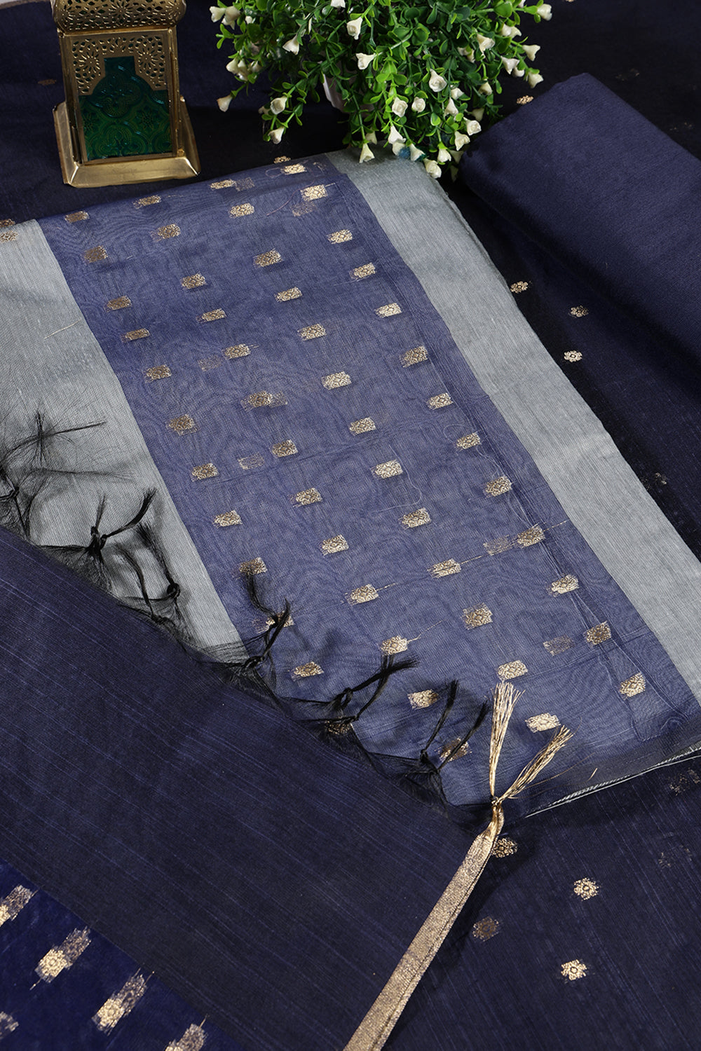 Grey Chanderi Cotton Zari Woven Unstitched Suit Fabric