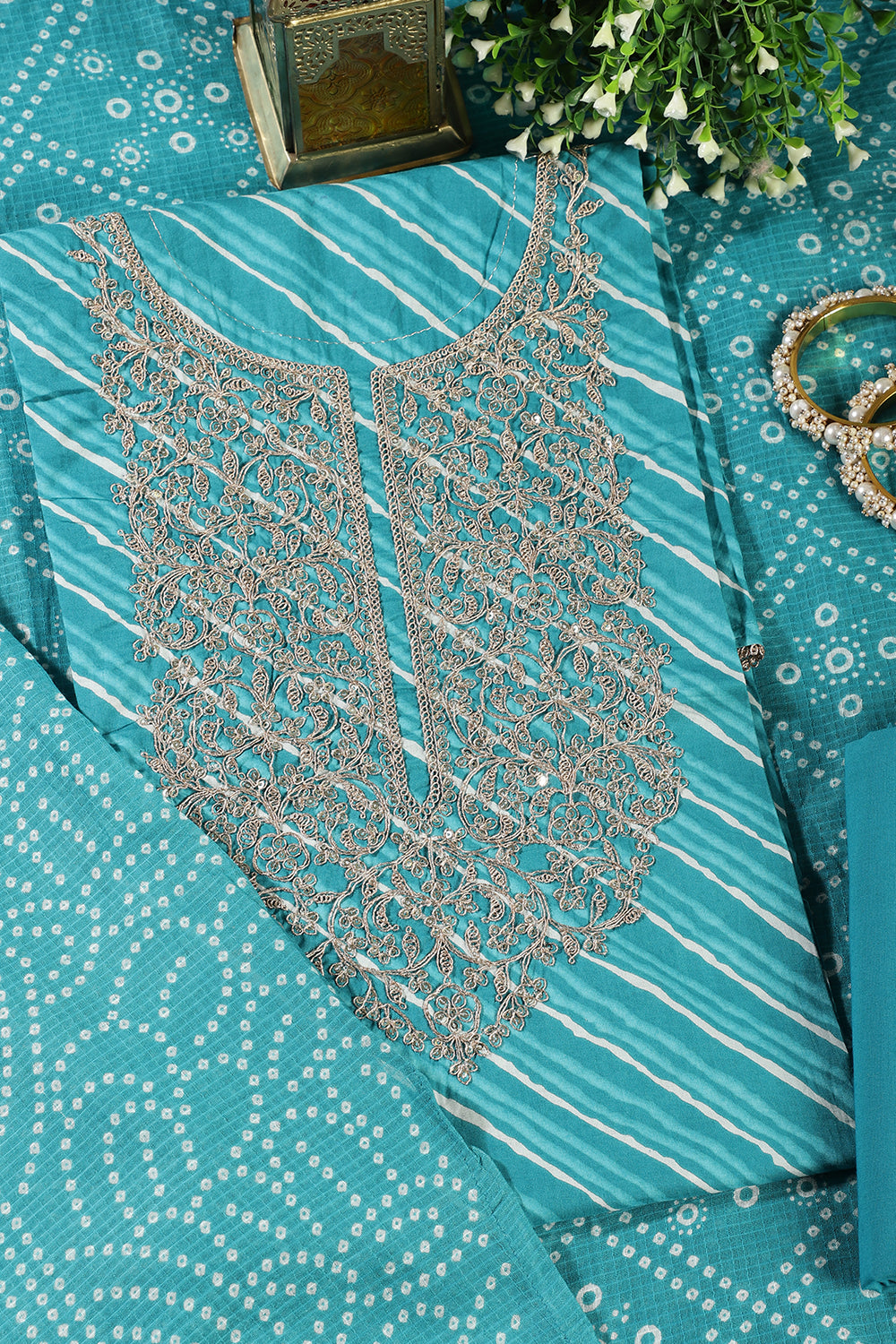 Turquoise Cotton Leheriya Printed and Neck Zari Embroidered Unstitched Suit Material
