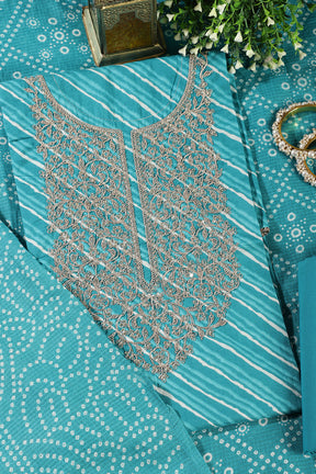 Turquoise Cotton Leheriya Printed and Neck Zari Embroidered Unstitched Suit Material