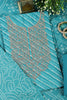 Turquoise Cotton Leheriya Printed and Neck Zari Embroidered Unstitched Suit Material
