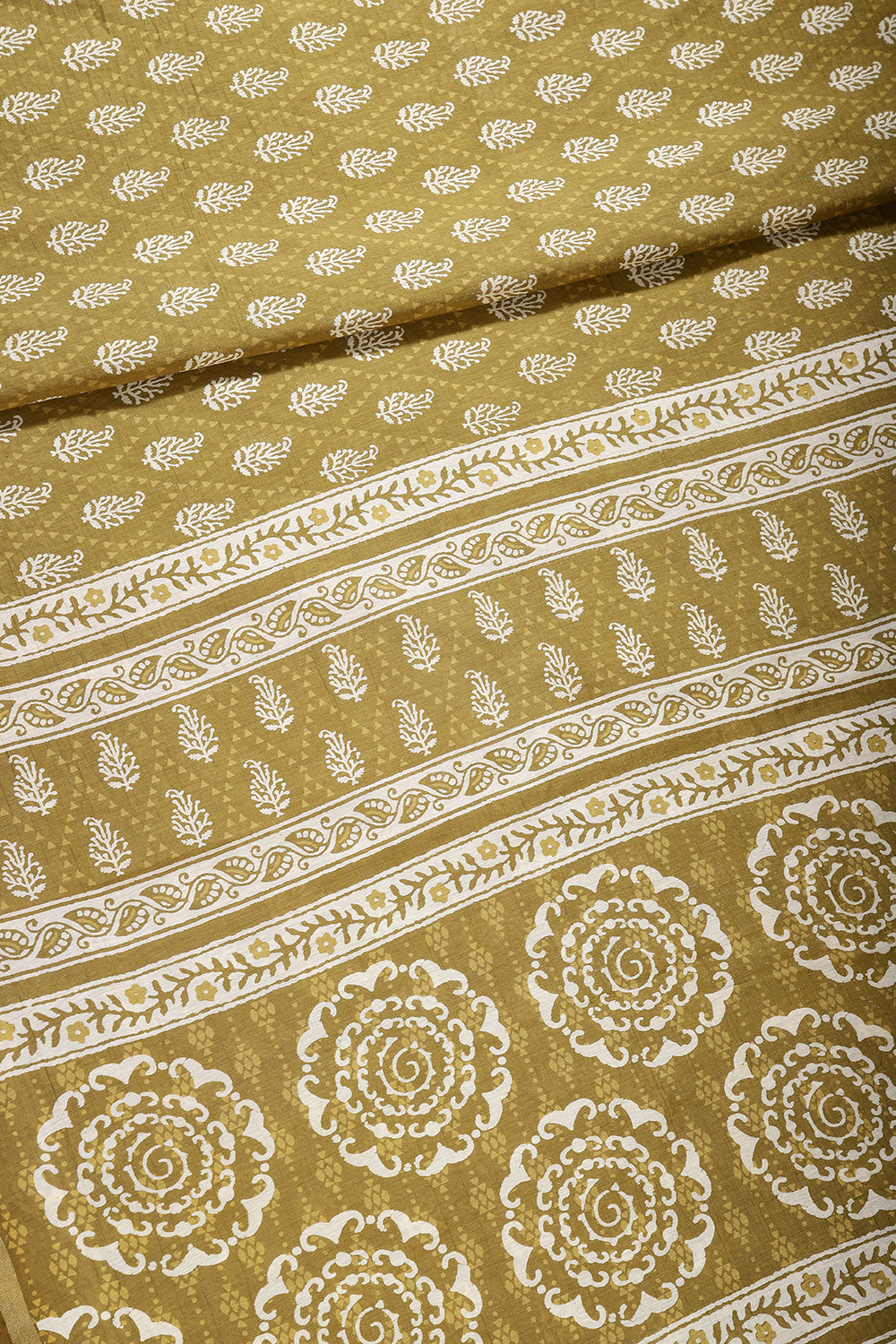 Olive Green Color Cotton Hand-Block Style Printed Saree