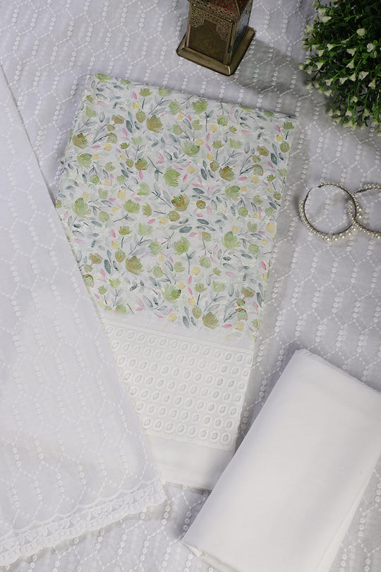 White & Green Cotton Floral Printed and Resham Embroidered Unstitched Suit Material