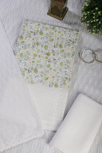 White & Green Cotton Floral Printed and Resham Embroidered Unstitched Suit Material
