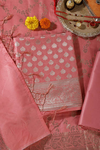 Peach Silk Zari Woven Unstitched Suit Fabric