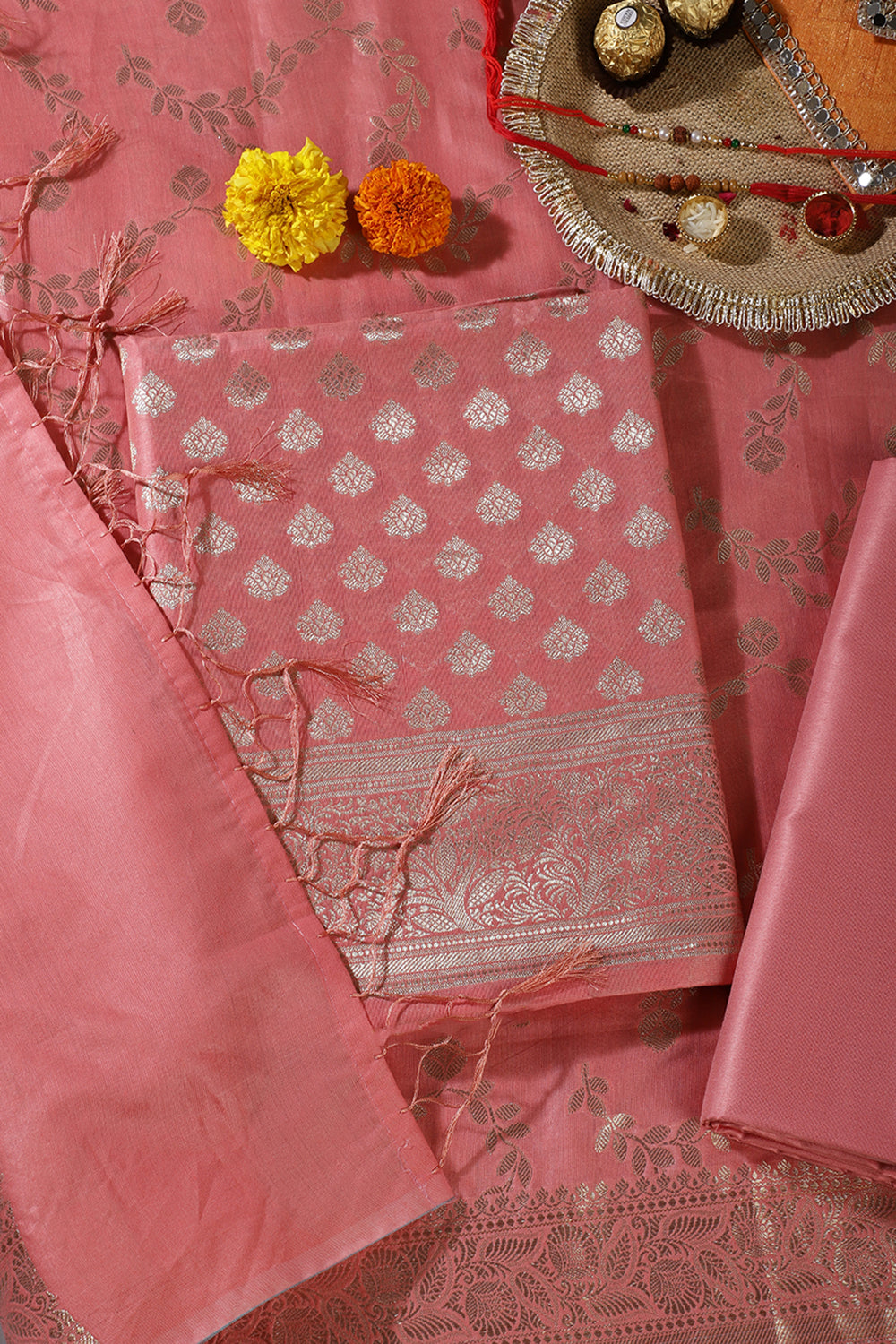 Peach Silk Zari Woven Unstitched Suit Fabric