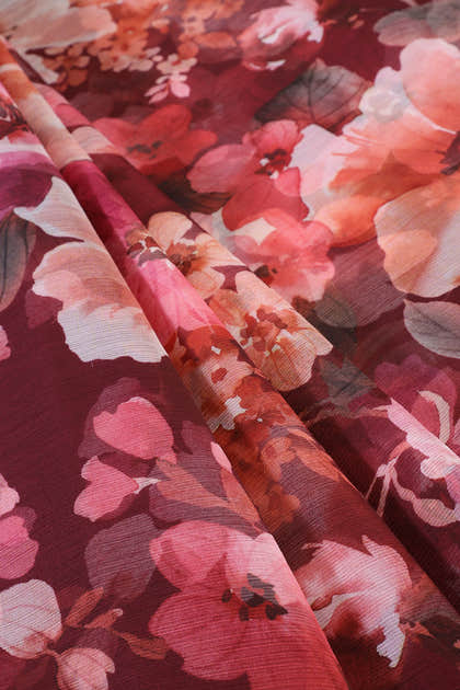 Wine Colour Floral Printed Chiffon Saree