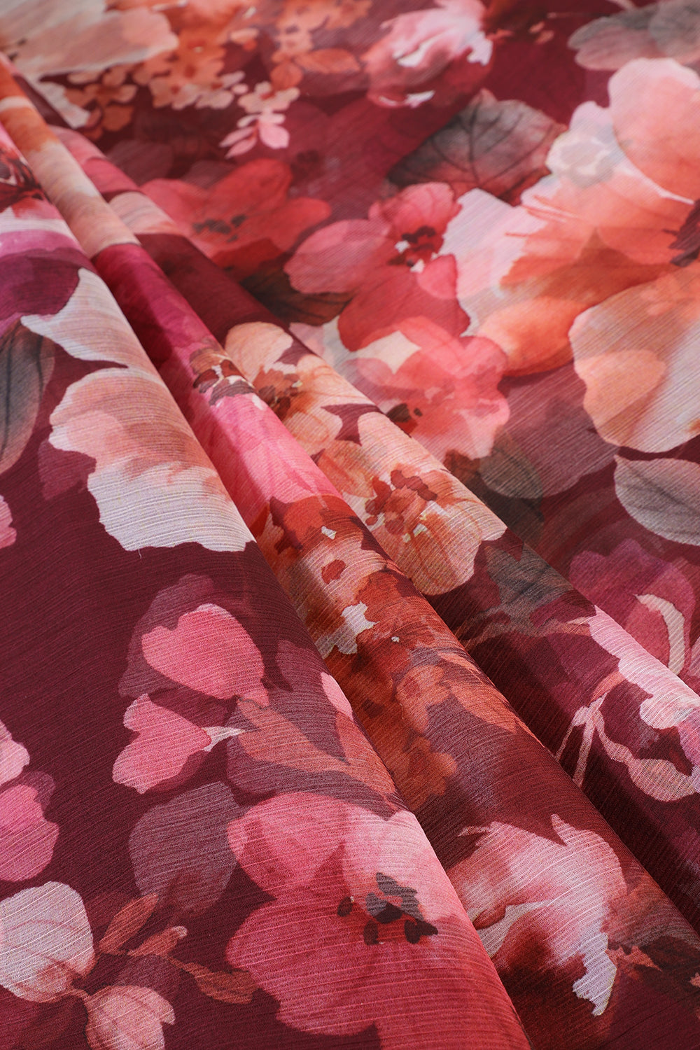 Wine Colour Floral Printed Chiffon Saree