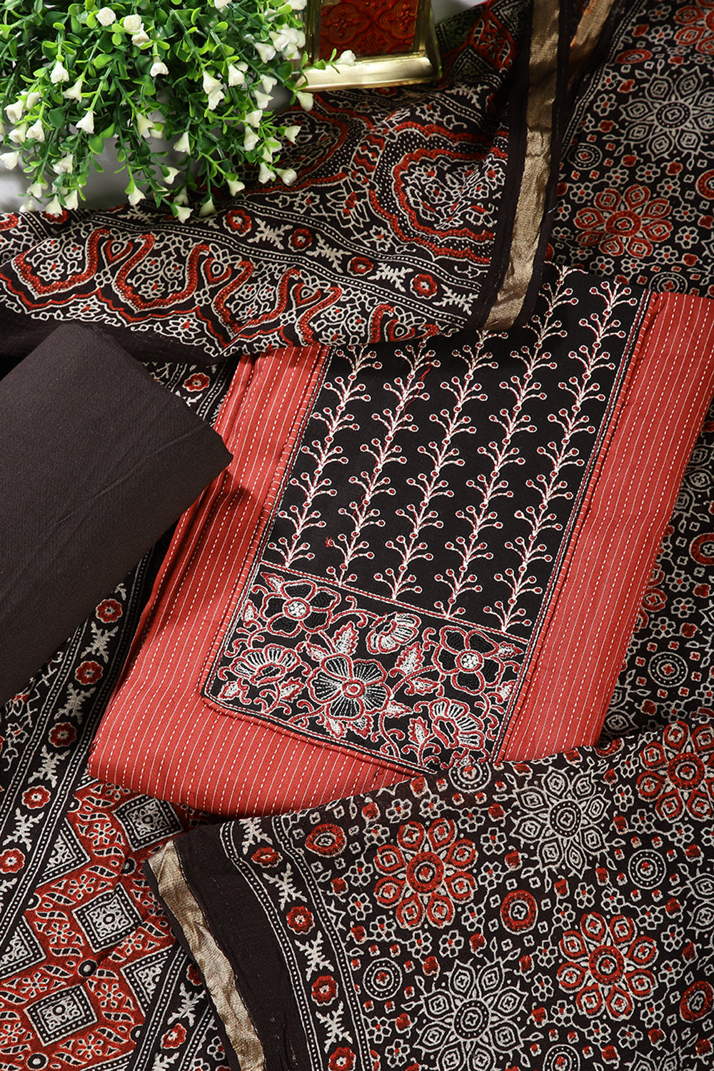 Rust & Black Color Twill Cotton Printed Unstitched Suit Material
