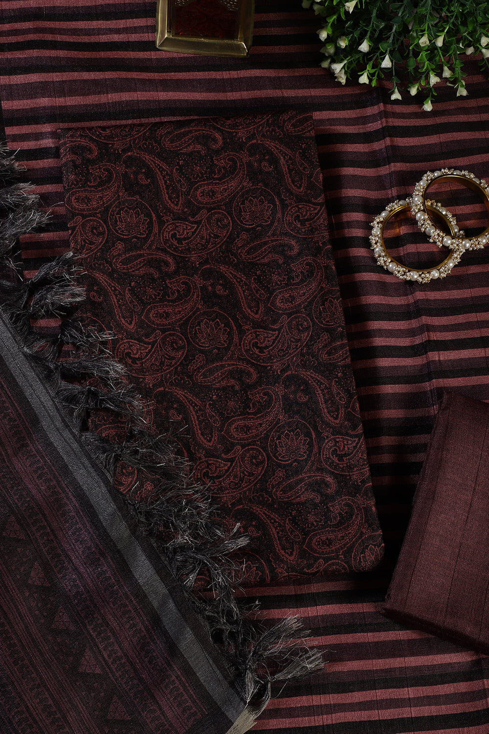 Wine & Black Digital Printed Chanderi Cotton Unstiched Suit Material