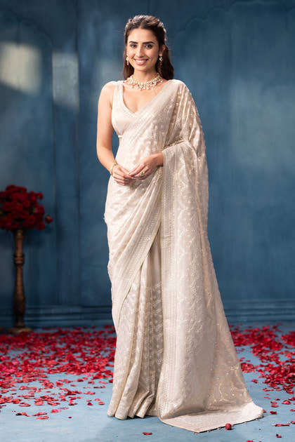 Silver Color Pure Metallic Tissue Resham & Sequins Embroidered Saree