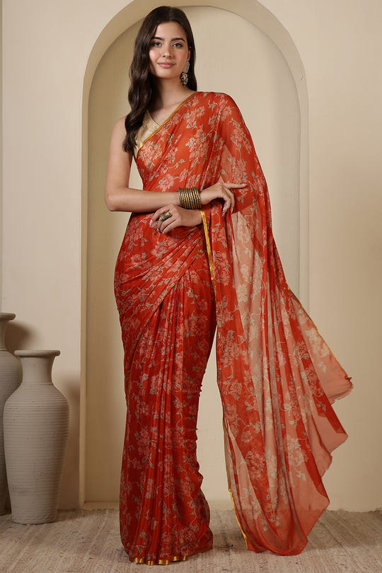 Orange Chiffon Floral Zari Border & Floral Printed Saree