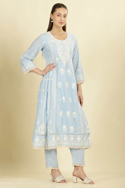 Light Blue Cotton Resham Floral Embroidered Anarkali Suit Set