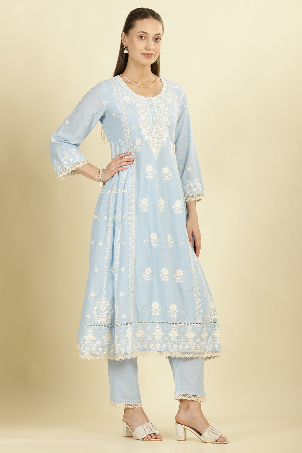 Light Blue Cotton Resham Floral Embroidered Anarkali Suit Set