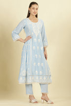 Light Blue Cotton Resham Floral Embroidered Anarkali Suit Set