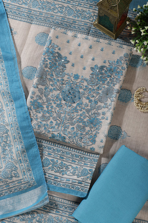 Beige & Blue Floral Printed Unstitched Suit Fabric