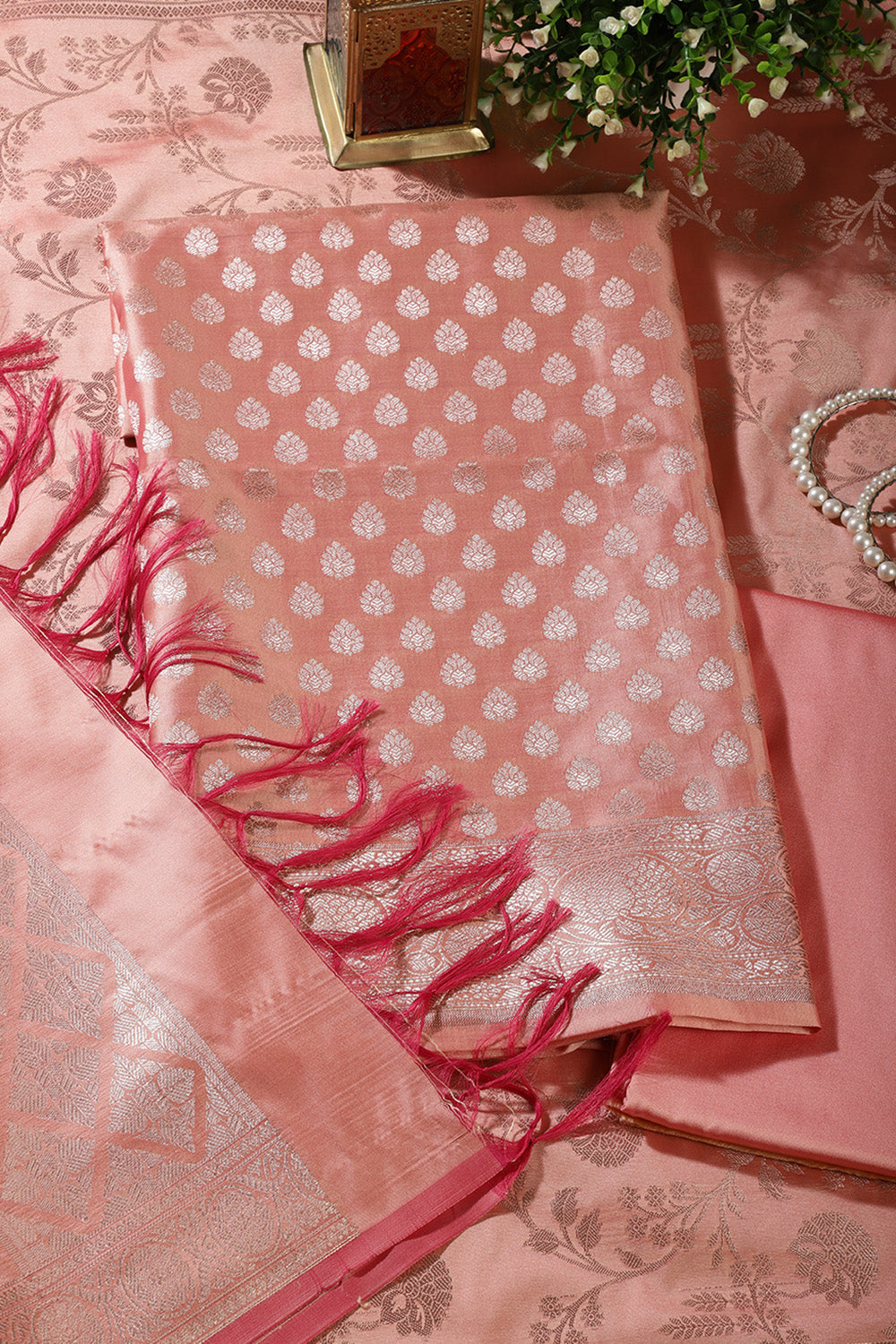 Peach Silk Buta Motifs Woven Unstitched Suit Fabric