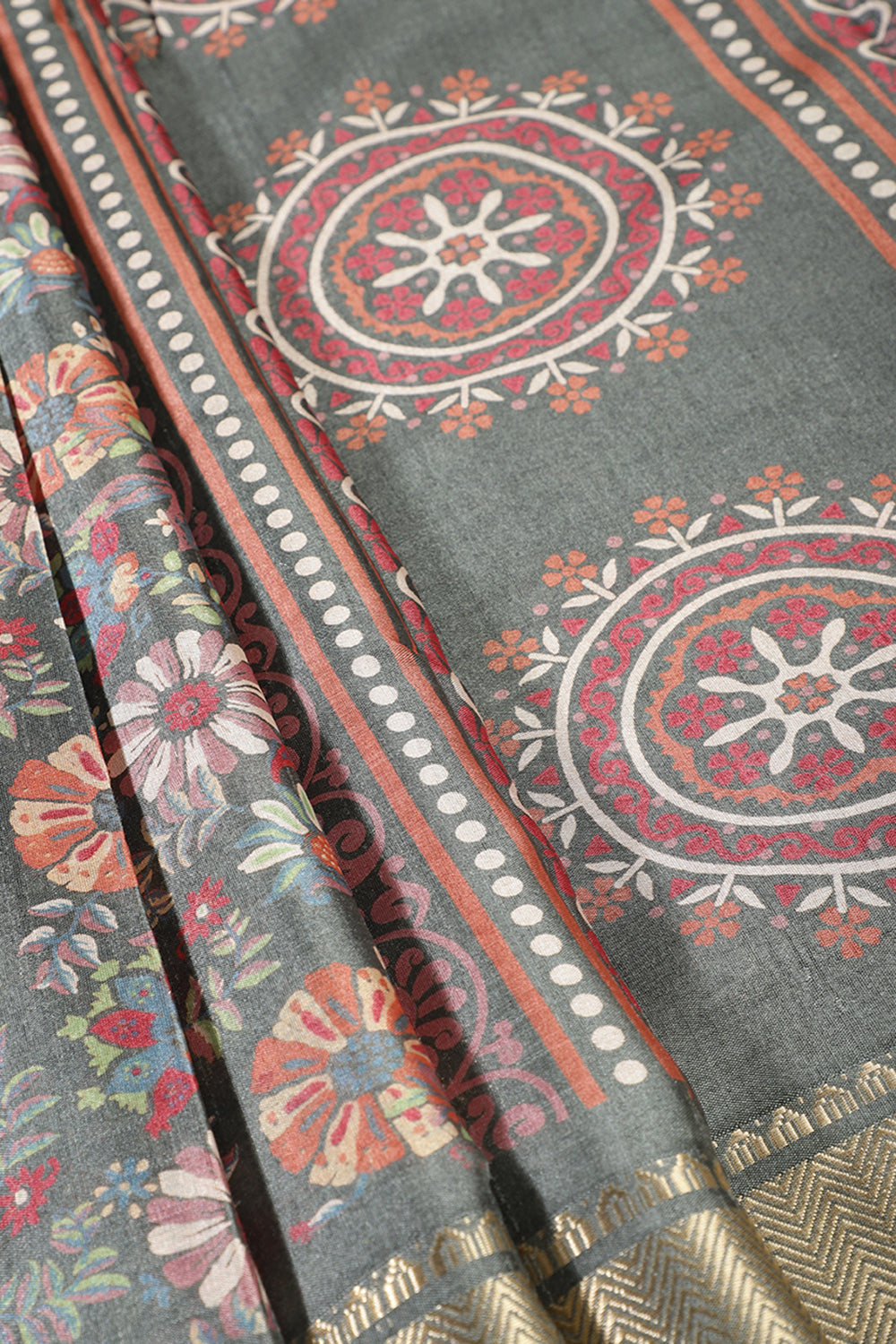 Sea Green Colour Floral Printed Cotton Silk Saree