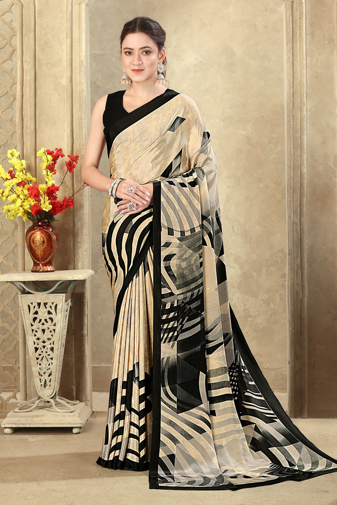 Beige & Black Printed Crepe Silk Saree