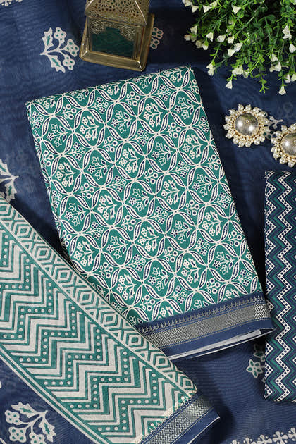 Green Cotton Ajrakh Block Print Unstitched Suit Material