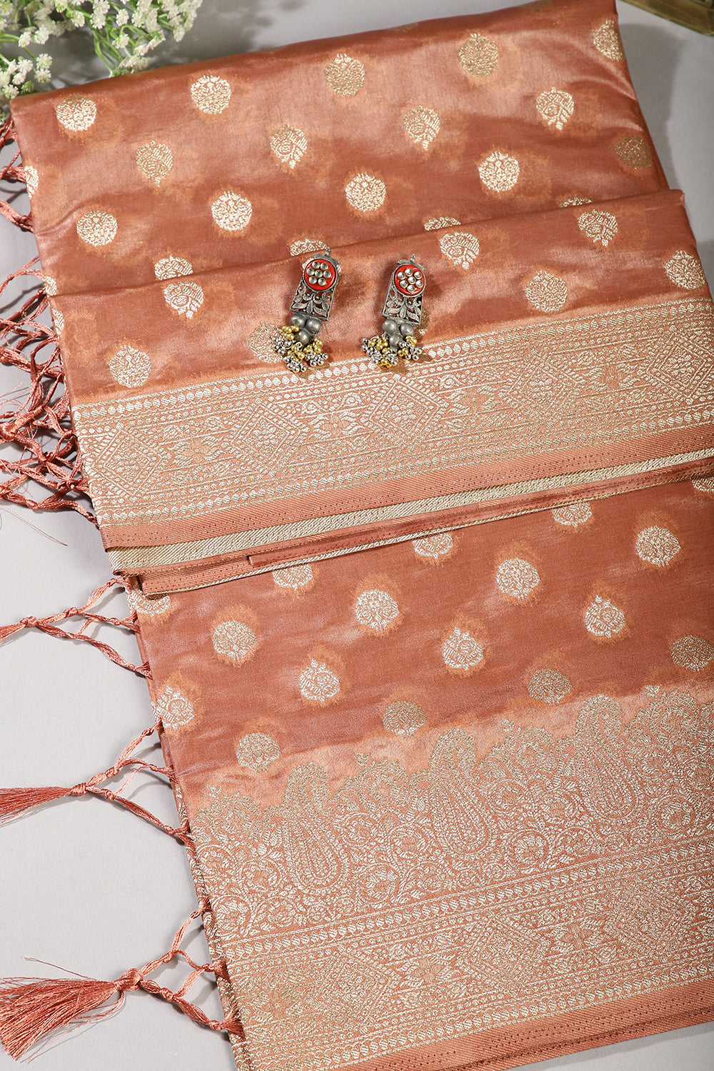 Pale Copper Color Tissue Silk Woven Saree