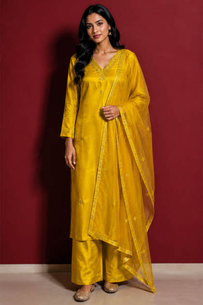 Mehandi Green Embroidered Silk Straight Suit