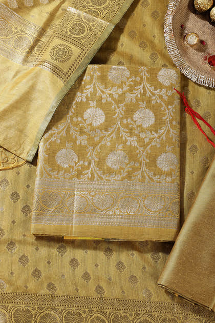 Mustard Colour Zari Woven Silk Unstitched Suit Fabric