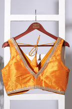 Mustard Tussar Silk Zari And Sequins Embroidered Readymade Blouse