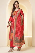 Red Color Printed Silk Embroidered Suit Set