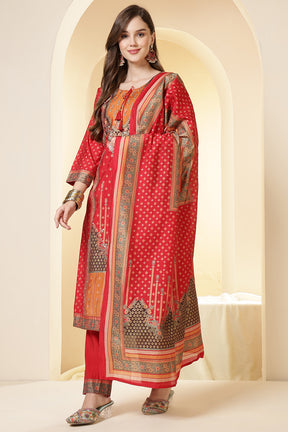 Red Color Printed Silk Embroidered Suit Set