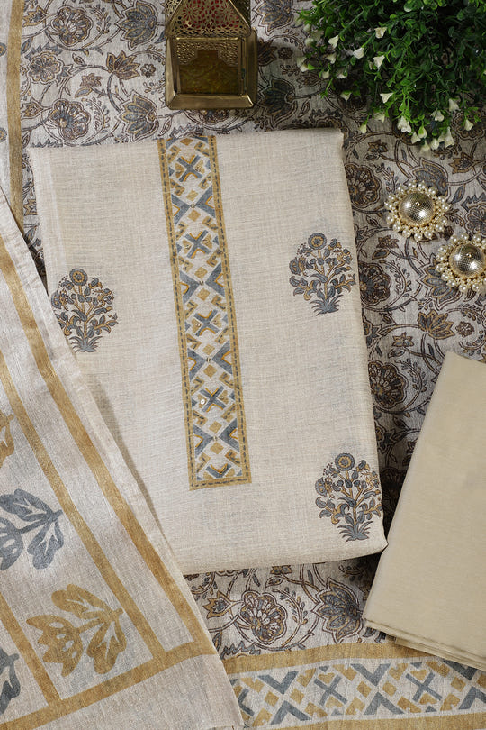 Cream Chanderi Cotton Printed Unstitched Suit Material