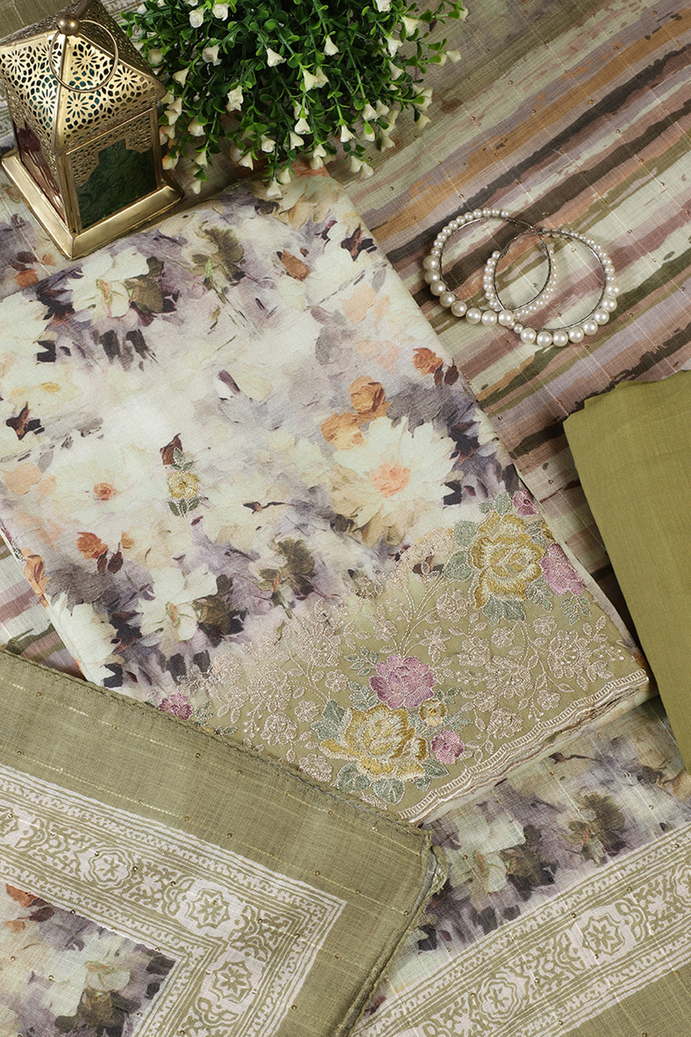 Olive Green Cotton Floral Printed And Hemline Embroidered Unstitched Suit