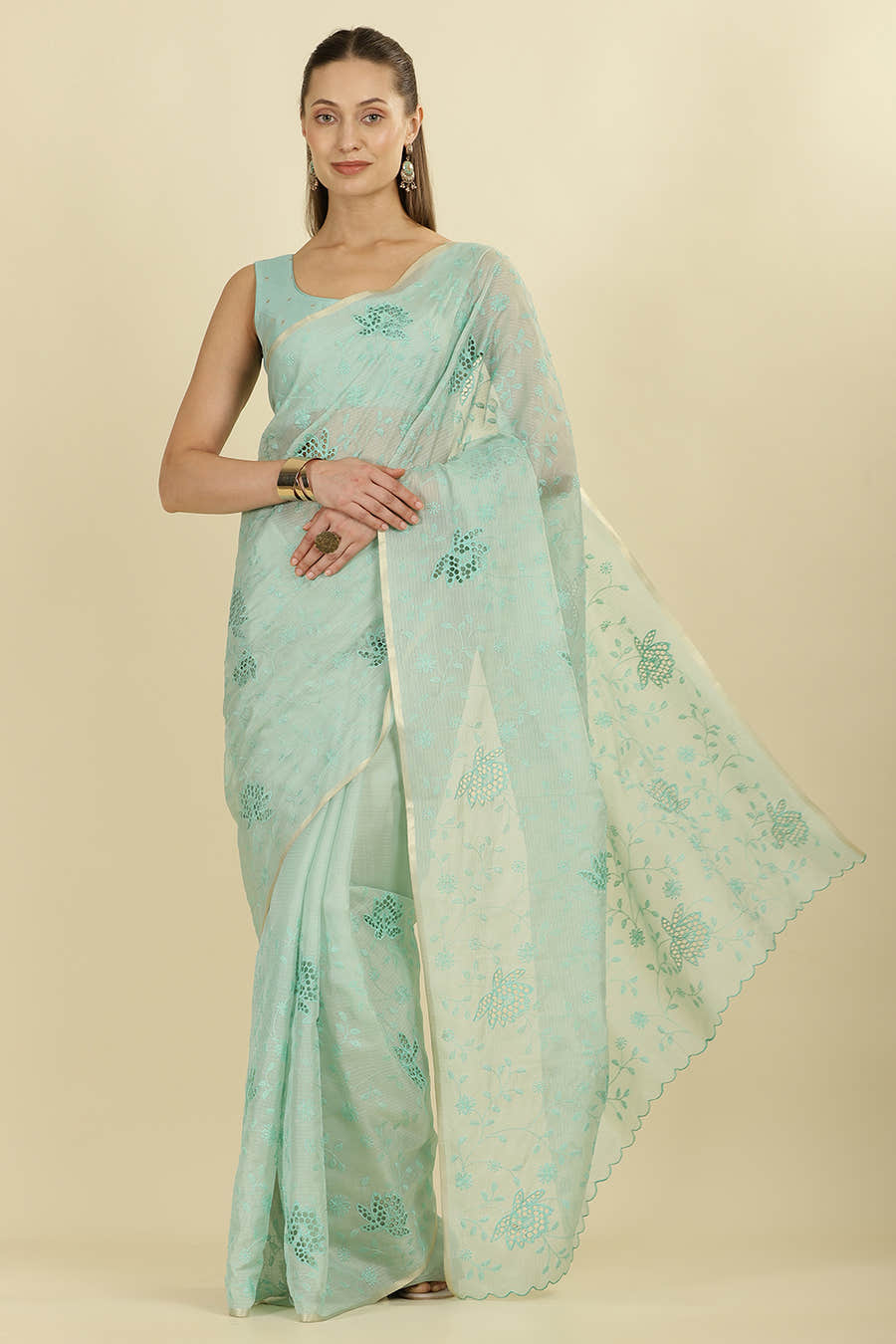 Turquoise Floral Resham Embroidered Cotton Saree