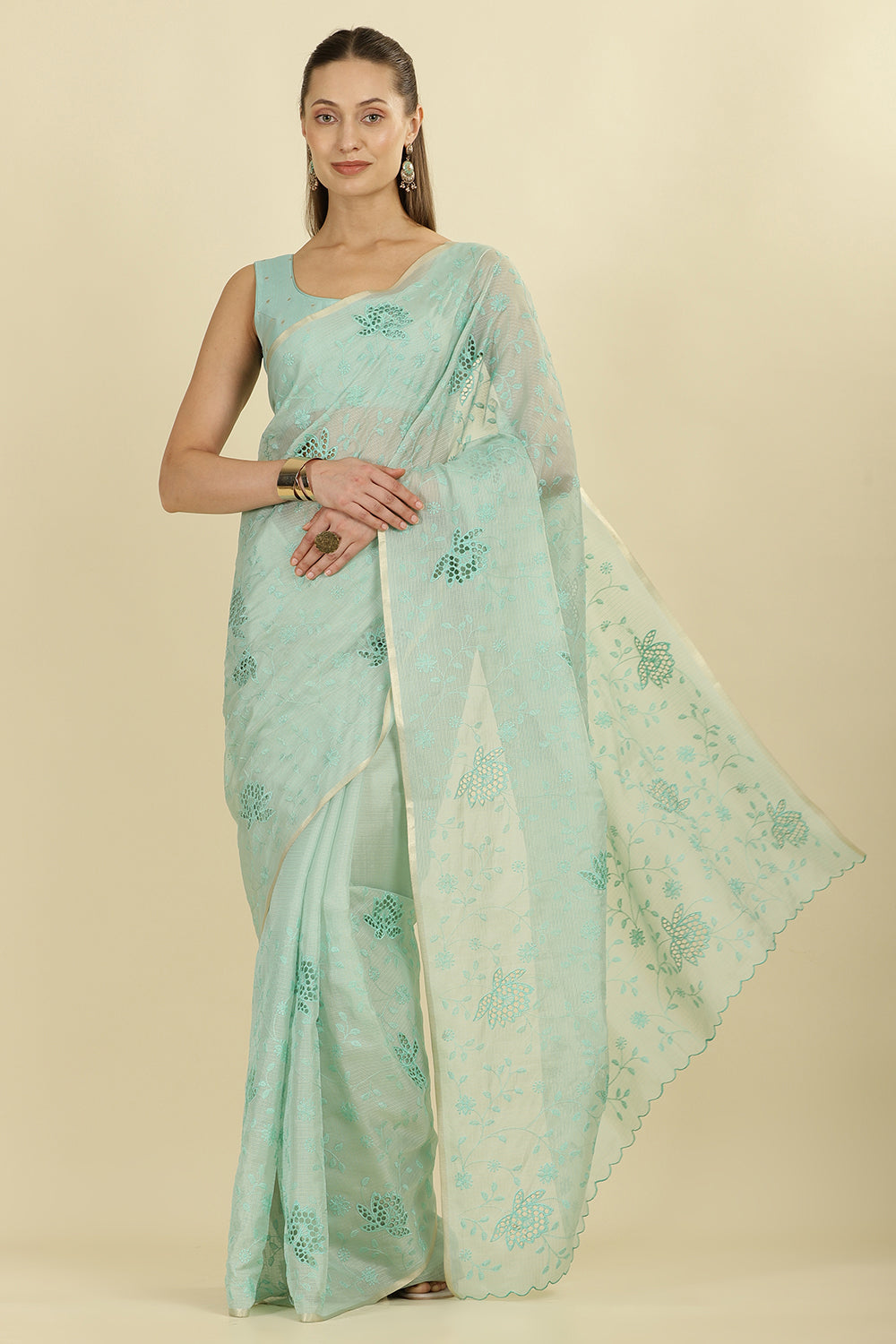 Turquoise Floral Resham Embroidered Cotton Saree